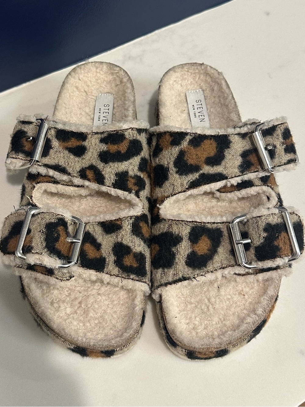 Steven Leopard Fuzzy Buckle Slide Sandals - Tan Black